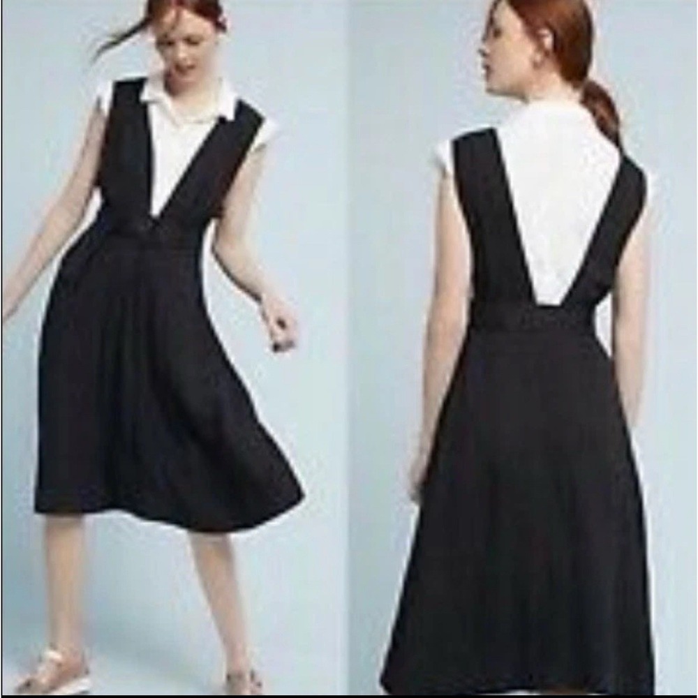 Meave By Anthropologie Women's Bryony Apron Black Linen Blend Belted Dress.Sz Op